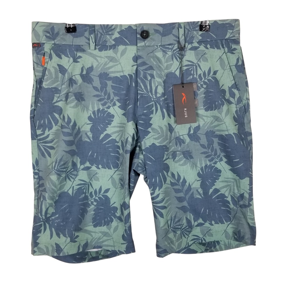 KJUS Iver Printed Shorts Men Size 34 Teal Blue Tropical Leaf Golf MG20-L05
